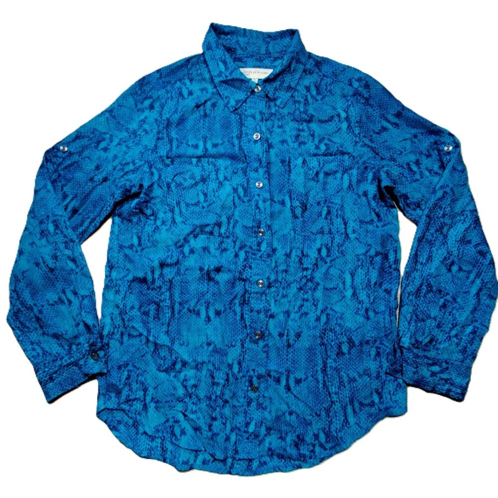 Jones New York Sport Womens M Blue Snakeskin Print Button Up Blouse Shirt